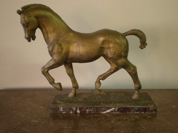 19th c. European School bronze sculpture: 19th c. European School- Striding Horse- bronze sculpture, spray painted gold, set on marble base. 16 1/4 x 16 1/4 x 4 3/4''
