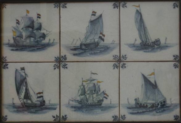 Six Dutch Delft polychrome tiles of Ships