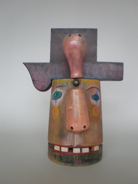Mary Spain wood found object sculpture: Mary Spain- ''Squeaky''- wood found object sculpture, 1978. 16 x 12 1/2 x 10''