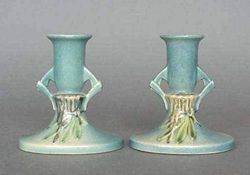 Pair of Roseville Moss blue candlesticks