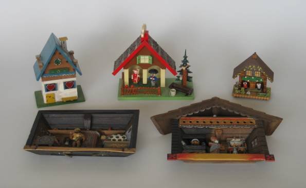 5 European painted wood miniature houses