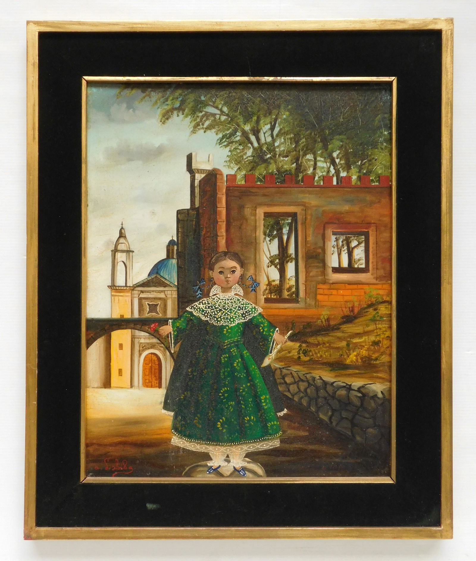 Agapito Labios oil: Agapito Labios (Mexican 1898-1996)- "Molino de Flores"- oil on canvas, signed A. Labios lower left, framed, minor surface grime, touched up upper right corner, minor craquelure. 23 3/4 x 18 1/4''