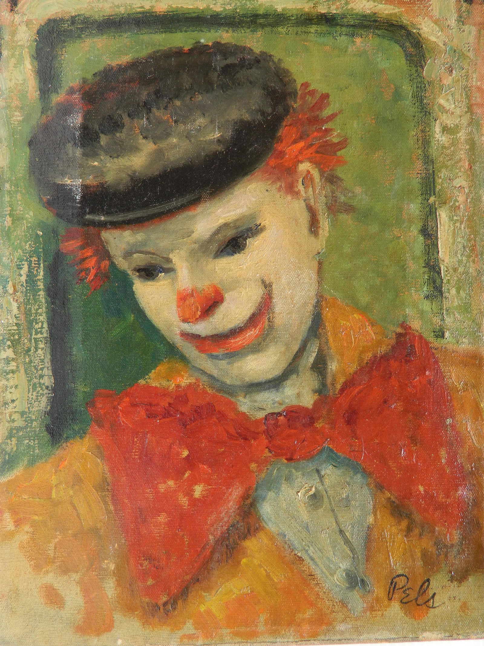 Albert Pels oil: Albert Pels (American 1910-1998)- Clown- oil on canvas, signed Pels lower right, fair condition. 12 x 9'' Provenance: Private collection- New York, NY; By descent estate of the artist.