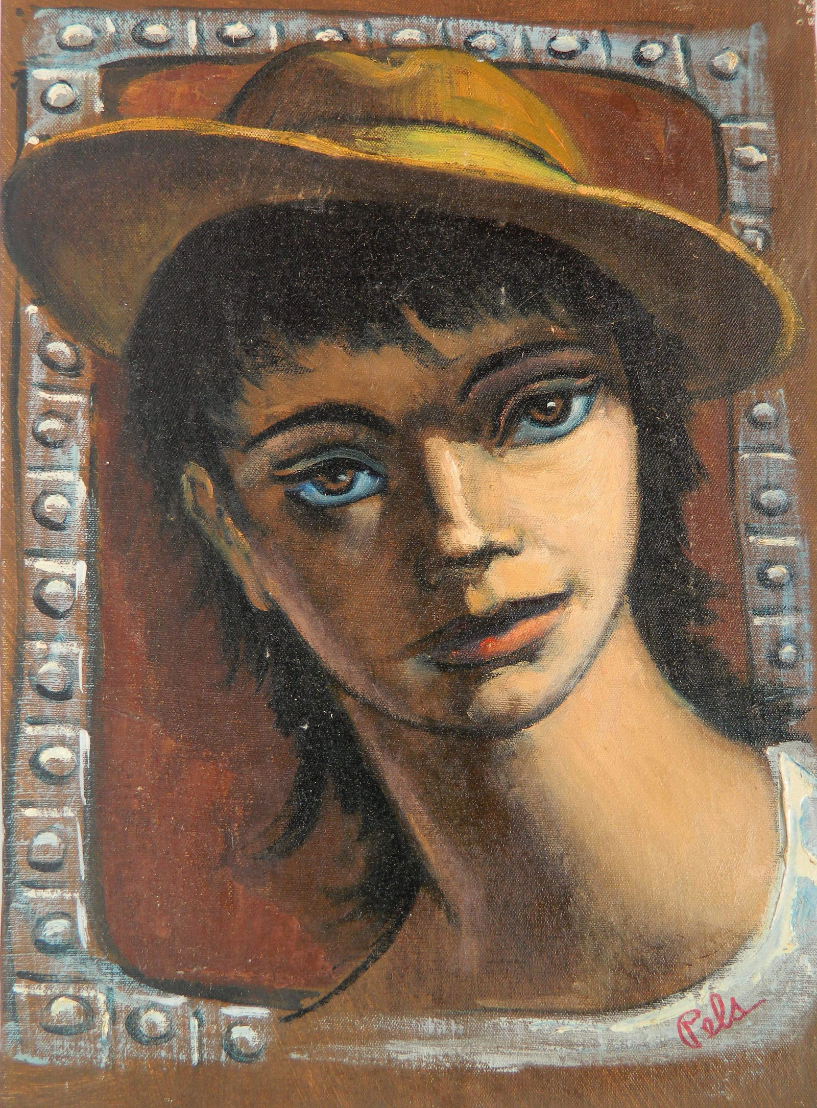 Albert Pels oil: Albert Pels (American 1910-1998)- Woman in Hat- canvas laid on board, signed Pels lower right, good condition. 14 x 10 1/4'' Provenance: Private collection- New York, NY; By descent estate of the arti
