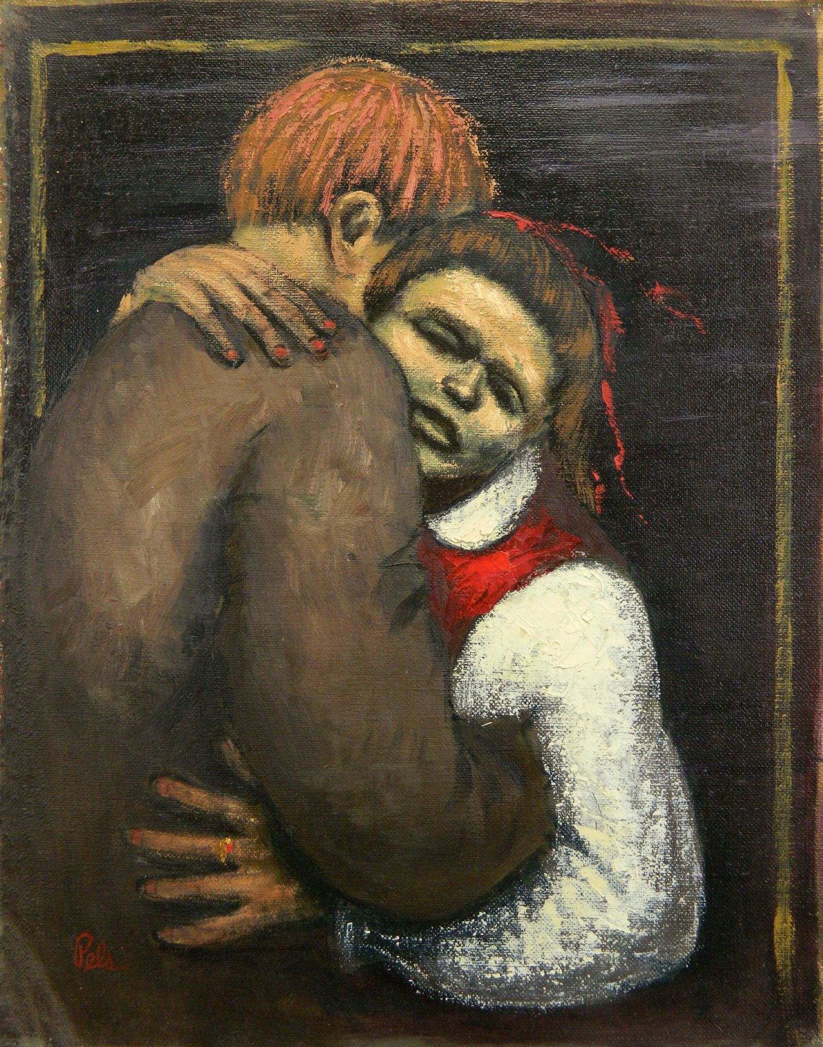 Albert Pels oil: Albert Pels (American 1910-1998)- ''A Hug''- oil on canvas, signed Pels lower left and titled verso, good condition. 18 x 14'' Provenance: Private collection- New York, NY; By descent estate of the ar