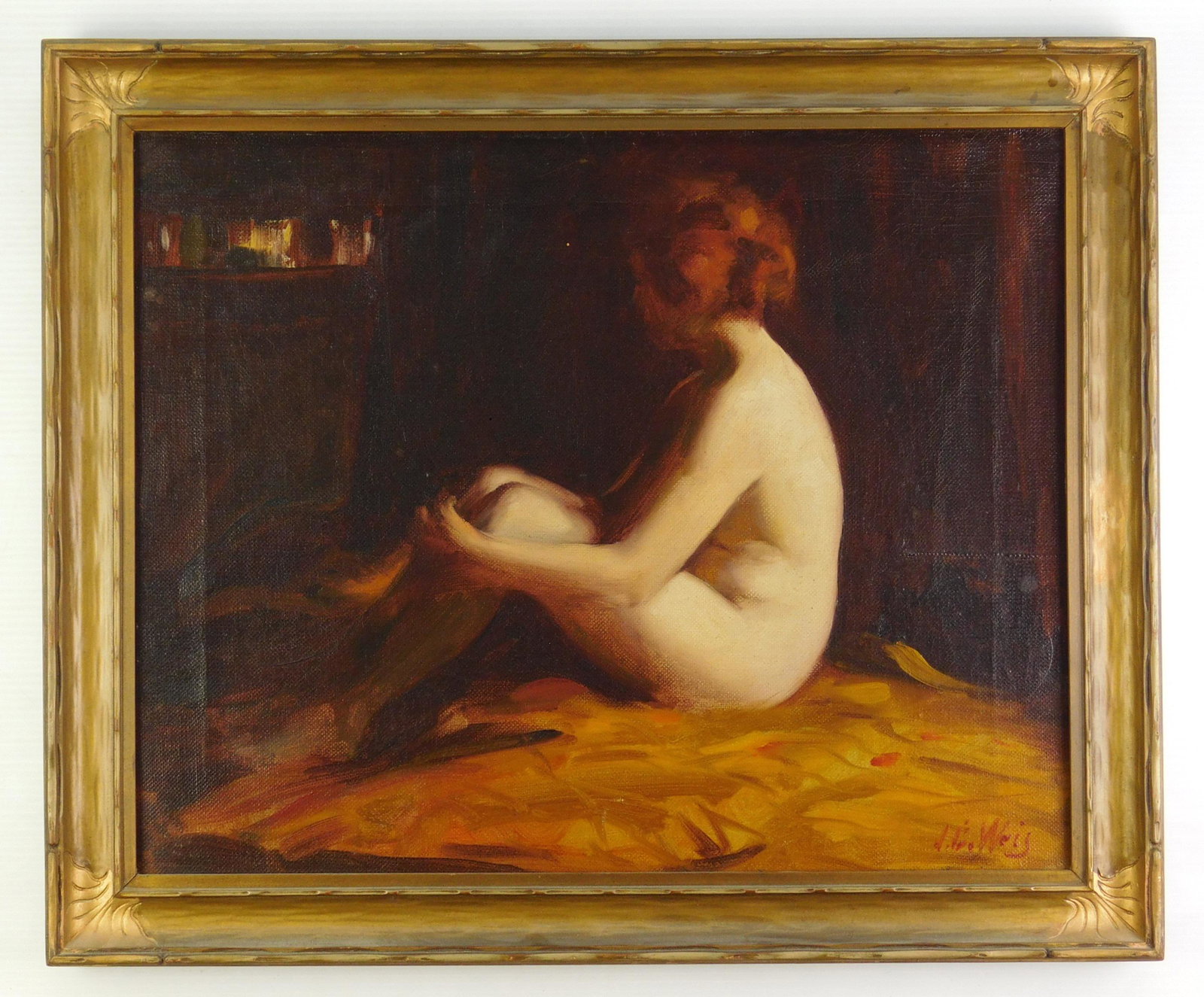 John E. Weis oil: Attributed to John E. Weis (American 1892-1962)- Seated Female Nude- oil on canvas, signed J. E. Weis lower right, framed. 16 x 20''