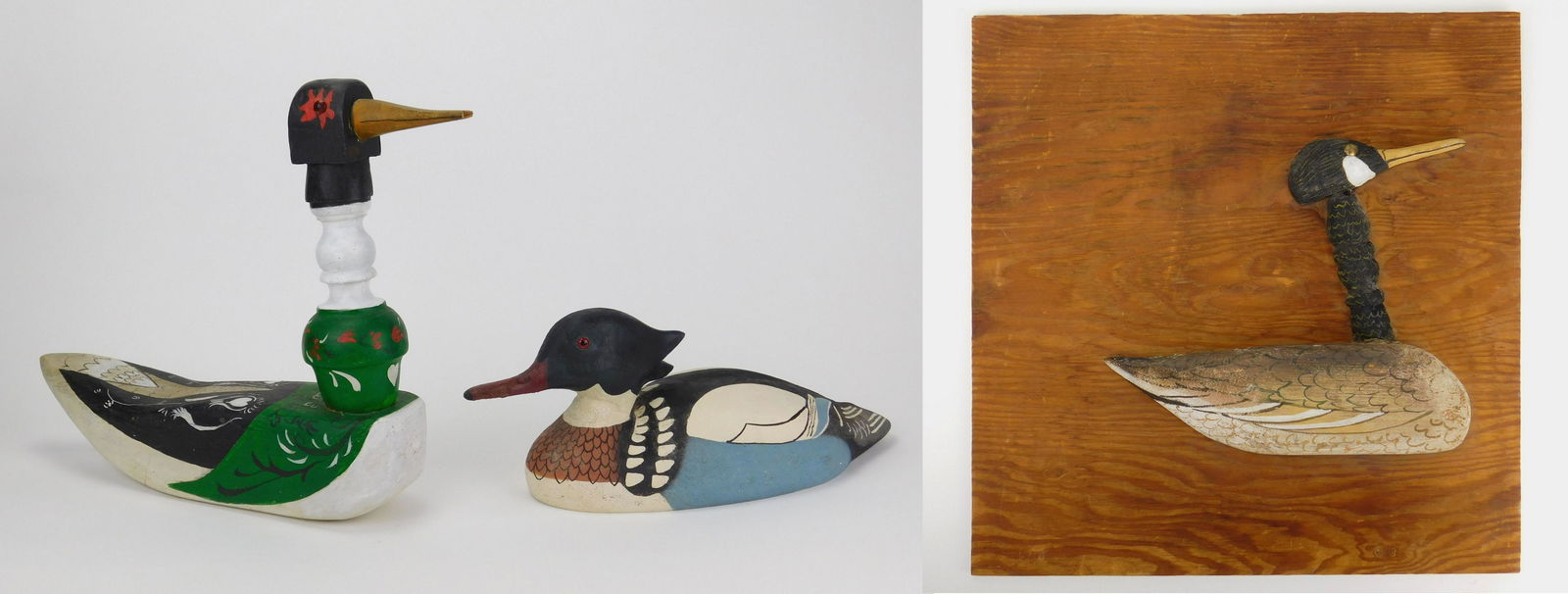 3 Albert Pels duck decoys: Albert Pels (American 1910-1998)- Three Duck Decoys- 2 hand-painted wood sculptures and one plaque, all are signed Pels. largest decoy 17 1/2 x 3 1/2 x 12 1/2'' Provenance: Private collection- New Yor