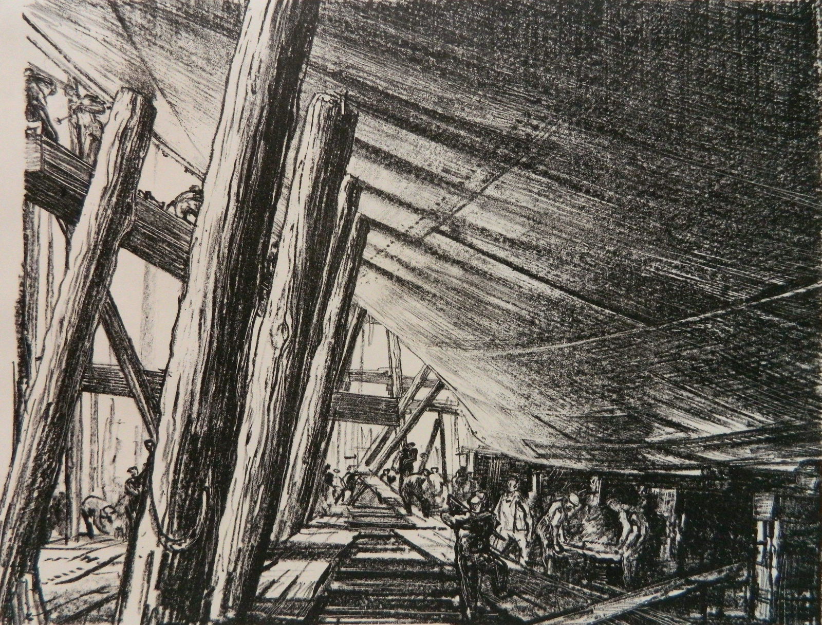 Muirhead Bone lithograph: Sir Muirhead Bone (Scottish 1876-1953)- Shipbuilding- lithograph, ca. 1917, signed in pencil, very good condition. 14 x 18 1/2''