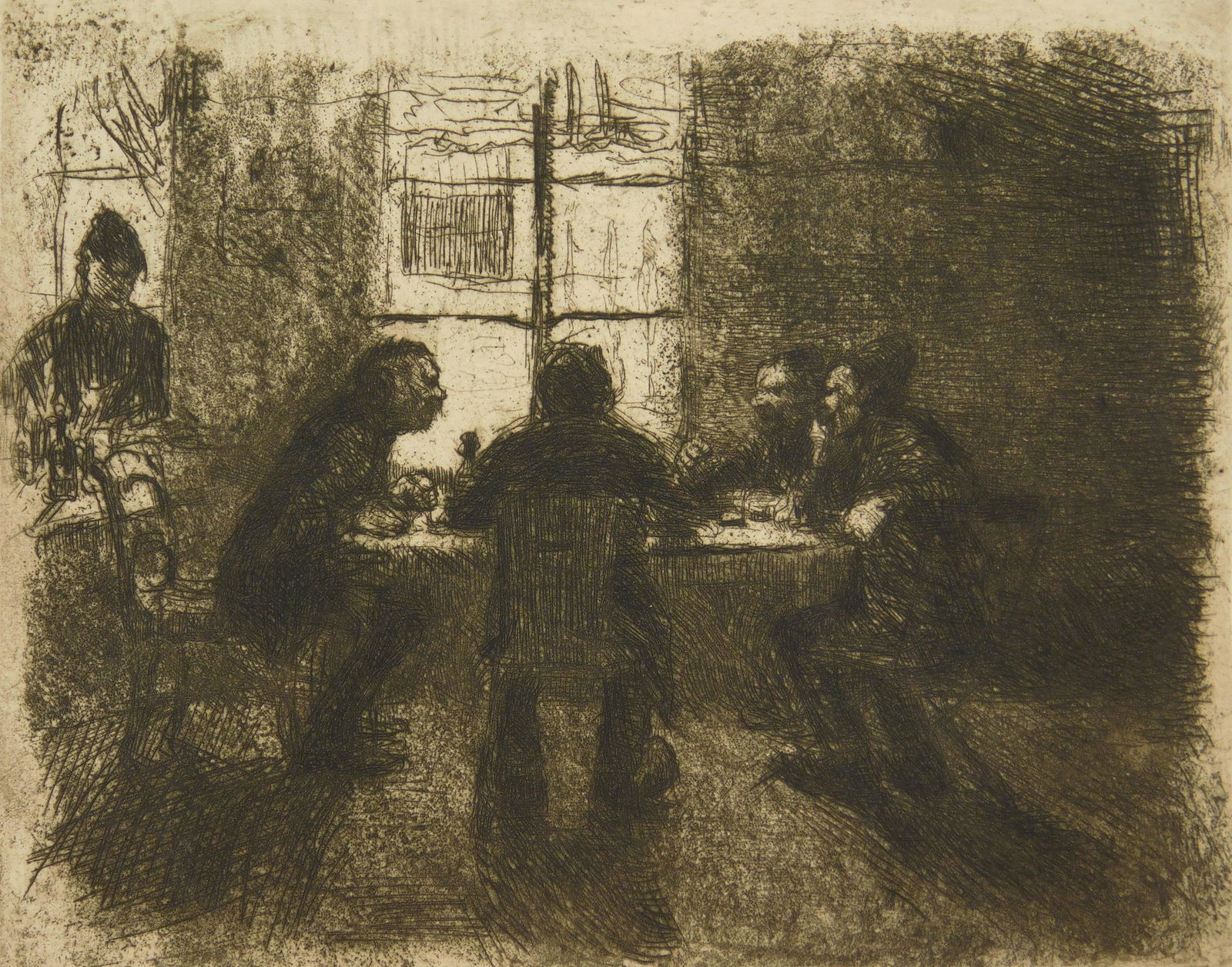 Kathe Kollwitz etcching: Kathe Kollwitz (German 1867-1945)- ''Vier Manner de Kneipe'' (Klipstein 12)- etching, paper light struck and some very minor foxing. 5 1/4 x 6 5/16''