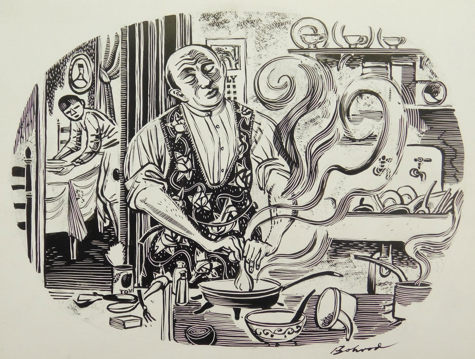 Aaron bohrod pen and ink drawing: Aaron Bohrod (American 1907-1992)- ''My Father's Board Shoulders #1''- pen and ink on cardboard, signed Bohrod lower right, very good condition. 6 1/2 x 8 5/8'' (o)