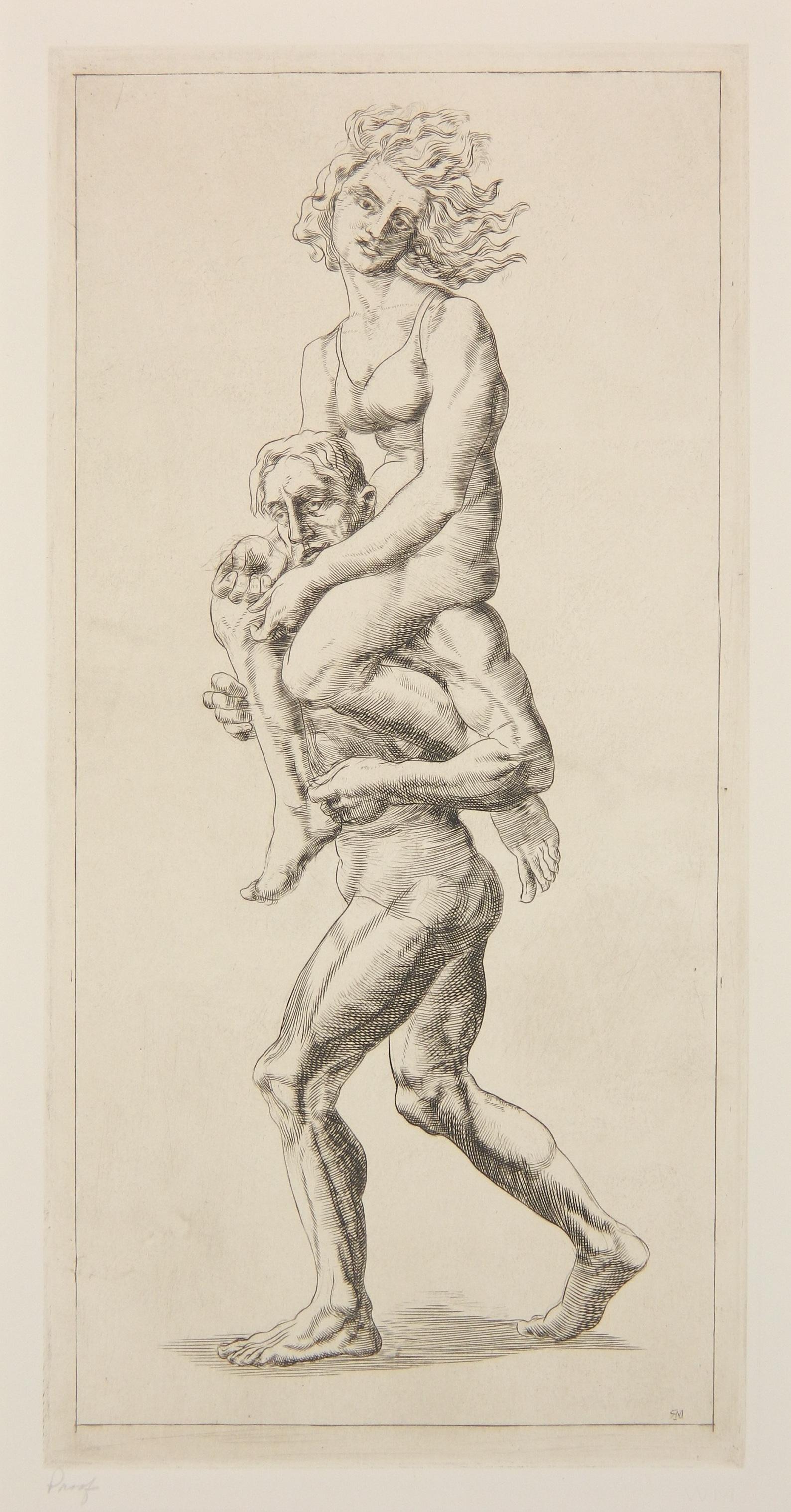 Reginald Marsh engraving: Reginald Marsh (American 1898-1954)- ''Pickaback'' (Sasowsky 180)- engraving, 1939, annotated 'proof' in pencil, published in 1969, in an edition of 100 by the Whitney Museum of American Art, good con