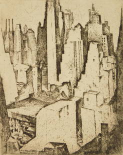 William Meyerowitz etching: William Meyerowitz (American 1887-1981)- ''Modern New York''- etching, 1928, signed in pencil, edition of 50, minor ink stains in margins otherwise very good condition. 10 x 8''