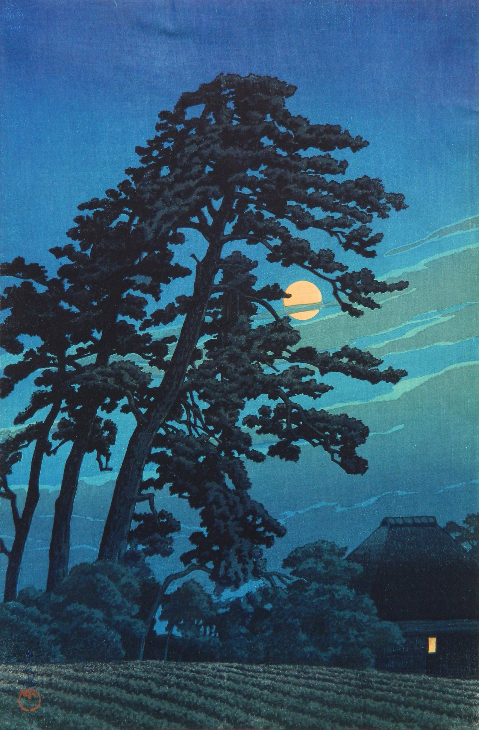 Hasui Kawase woodblock: Hasui Kawase (Japanese 1883-1957)- ''Moon at Umagome'' (Brown 165)- woodblock in color, 1930, Hasui signature with Kawase seal, from the series 'Twenty Views of Tokyo'.