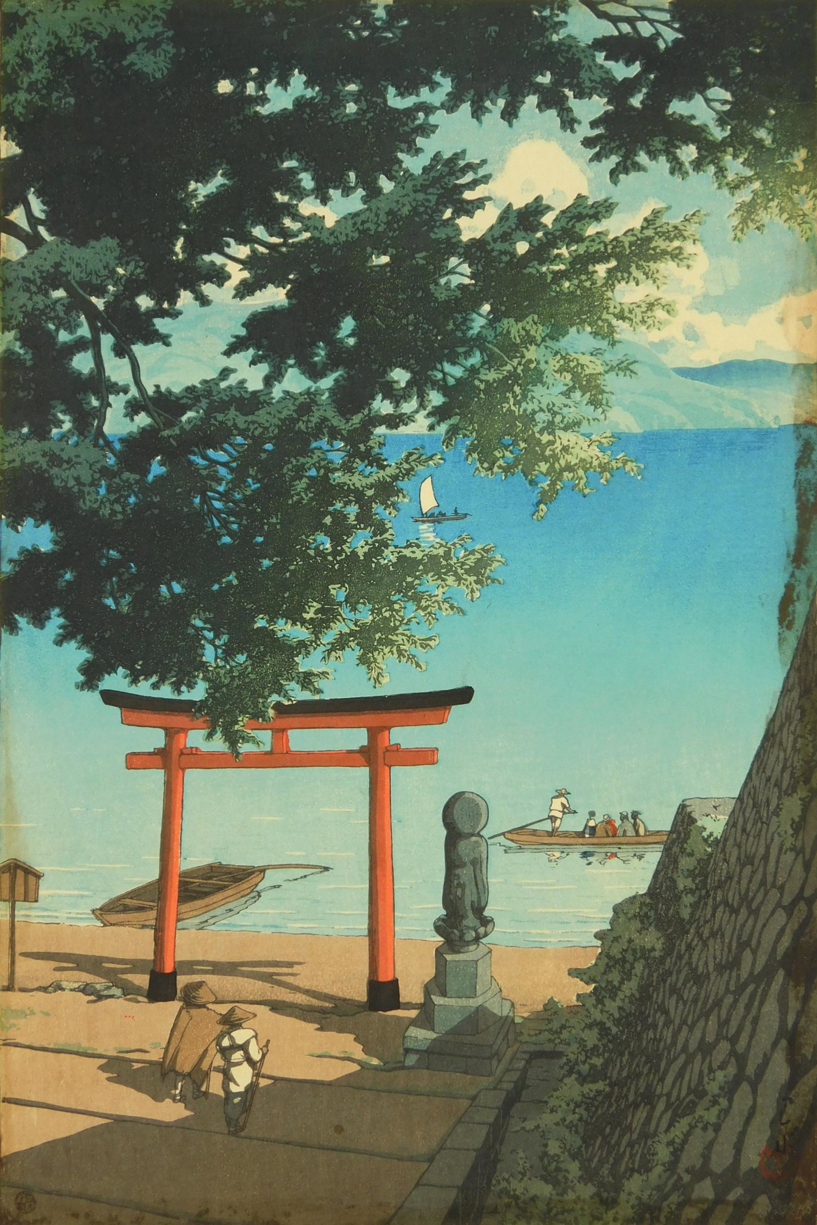 Hasui Kawase woodblock: Hasui Kawase (Japanese 1883-1957)- Lake Chuzenji, Nikko (Chuzenji Utagahama) (Brown 264)- woodblock in color, 1931, signed and titled in pencil (in Roman alphabets), Watanabe circular seal lower left 