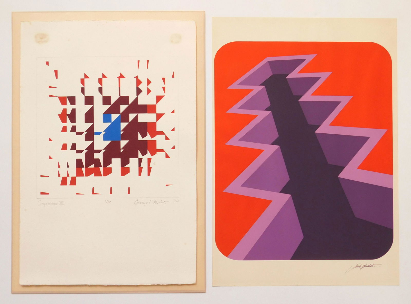 2 American op-art serigraphs: 2 American op-art serigraphs. 1). Marko Spalatin (American 1945- )- Untitled- serigraph in colors, signed in pen. 18 3/4 x 15'' 2). Carolyn Stapley (American 20th c.)- ''Compression III''- serigraph i