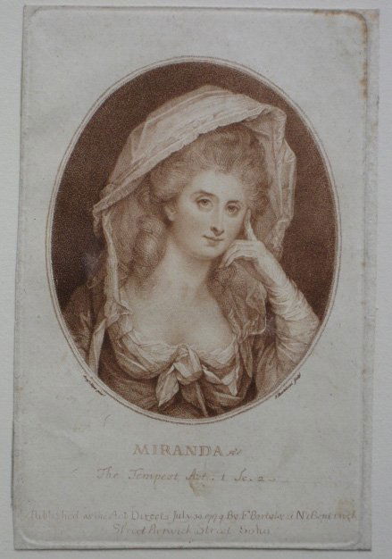 Francesco Bartolozzi etching: Francesco Bartolozzi (Italian 1727-1815)- ''Miranda''- etching, 1779, signed 'J. Dufton 1839' in pen verso, collector's stamp of unknown in purple verso, some staining throughout. 5 « x 3 5/8'' 140 x