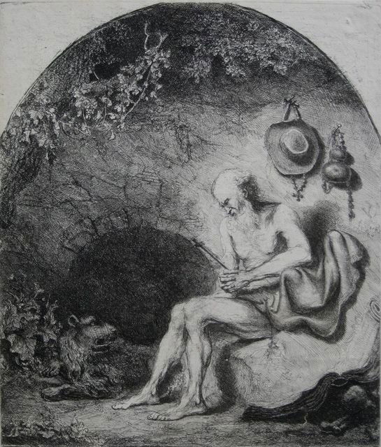 Ferdinand Bol etching and drypoint: Ferdinand Bol (Dutch 1616-1680)- ''St. Jerome in The Cave'' (Bartsch 3) (Duthuit 3i) (Hollstein 3pg 17 i/III)- etching and drypoint, 1644. 11 1/8 x 9 «'' 283 x 241 mm