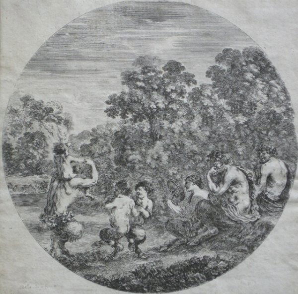 Stefano della Bella etching: Stefano della Bella (Italian 1610-1664)- ''Zwei Satyrn und ein Faunesse Schen Satyrn Beim Tanzen Zu'' (De Vesme 719)- etching, old glue stain verso. 5 ¬''dia 140mm dia