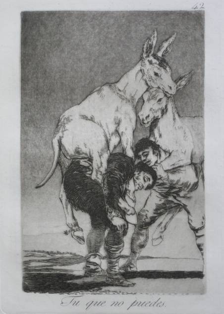 Francisco Jose de Goya etching and aquatint: Francisco Jose de Goya (Spanish 1746-1828)- ''Tu Que No Puedes'' (Delteil 79) (Harris 77 iii/III)- etching and aquatint, from Caprichos, pl. 42. 8 7/16 x 5 15/16'' 215 x 150 mm