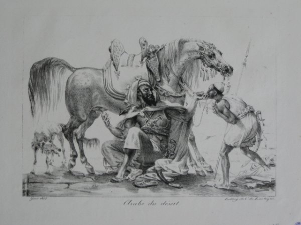 Baron Antoine Jean Theodore Gros lithograph: Baron Antoine Jean Theodore Gros (French 1802-1880)- Arabe Du Desert- lithograph, 1817, lithographer C. de Lasteyrie, collector's stamp of A. H. Rouart in purple recto (Lugt 2187a). 7 3/8 x 10 3/8'' 1