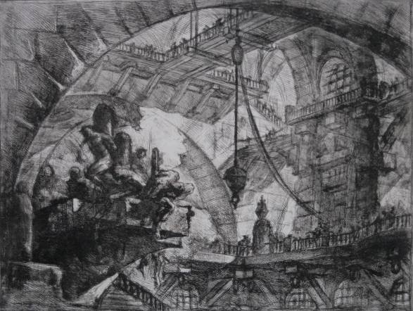 Giovanni B. Piranesi etching: Giovanni B. Piranesi (Italian 1720-1778)- ''Prisoners on a Projecting Platform'' (Wilton-Ely 35 i/II)- etching, 1749, museum stamp of Cabinet Des Estampes, Budapest in brown verso (Lugt 2000), museum 
