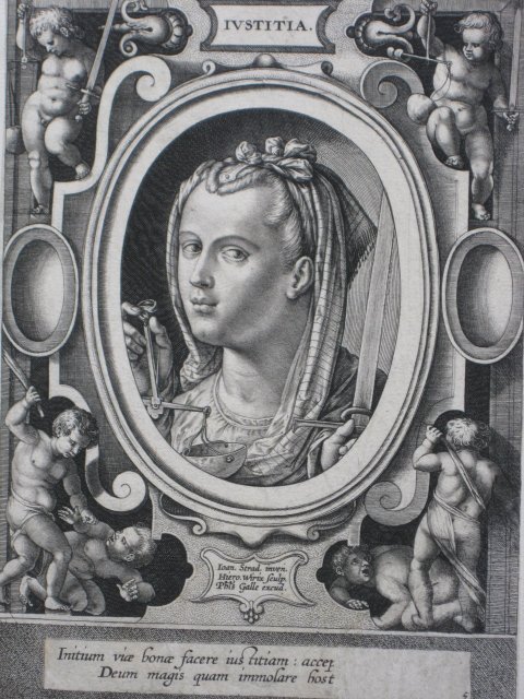 Johan Wierix engraving: Johan Wierix (Dutch 1549- c. 1615)- ''Justitia''- engraving, ca. 1600, after J. Stradamus. 7 ¬ x 5 1/8'' 184 x 130 mm