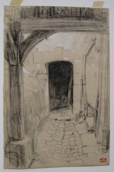 Charles Bargue drawing: Charles Bargue (French 1826-1883)- The Courtyard- graphite with white highlights on tan laid paper, artist's stamp in red recto (Lugt 218bis), one spot of stain in image, 3 old glue spots from hinges 