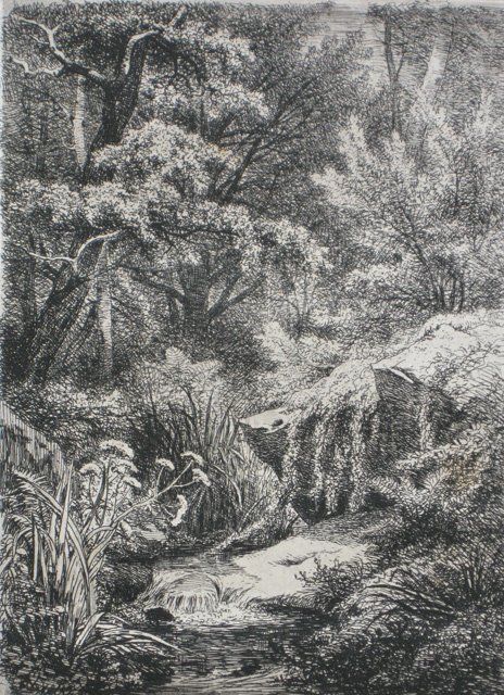 Eugene Blery 2 etchings: Eugene Blery (French 1805-1886)- French Garden; French Landscape- 2 etchings on chine colle, both signed and inscribed in pen, both have minor foxing throughout, two old masking tape hinges along top 