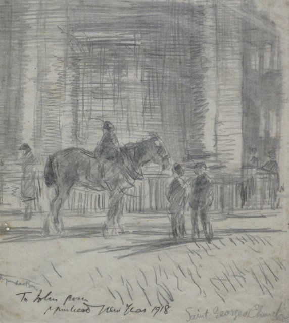Sir Muirhead Bone drawing: Sir Muirhead Bone (British 1876-1953)- ''St. George's Church''- graphite on paper, 1918, signed, titled and inscribed 'To (?), presented New Year 1918' in pencil, two horizontal creases in paper, soil