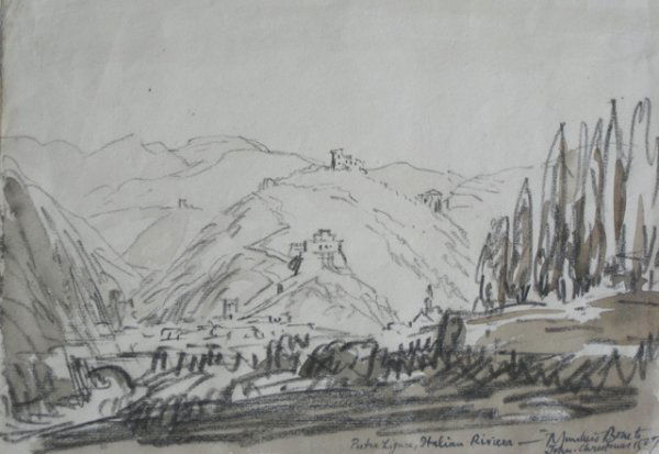 Sir Muirhead Bone drawing: Sir Muirhead Bone (British 1876-1953)- ''Pietra Ligure, Italian Riviera''- charcoal and wash on laid paper, 1927, signed, dated, titled and annotated 'Christmas' in pen lower right, glued to support m