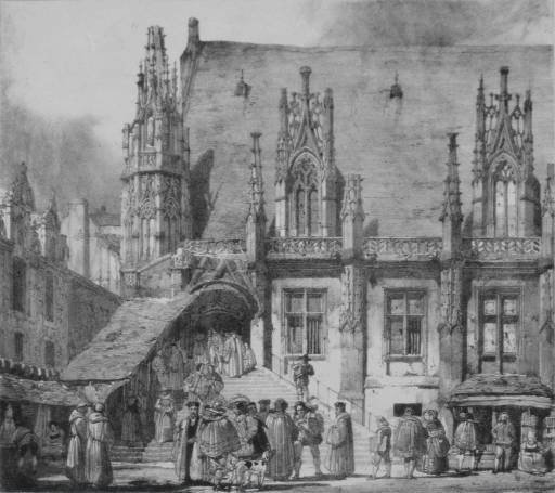 Richard Parkes Bonington lithograph: Richard Parkes Bonington (British 1801-1828)- ''Entree De La Salle Des Pas Perdus (Palais de Justice)'' (Curtis 11)- lithograph on chine colle, foxing throughout, staining in margins. 8 1/8 x 9 1/8'' 