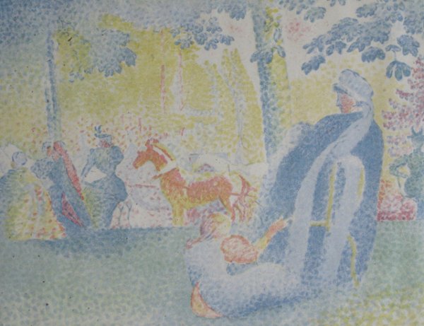 Henri Edmond Cross lithograph: Henri Edmond Cross (French 1856-1910)- ''Dans Les Champs Elysees''- lithograph in colors, 1897, some staining in top two corners from old hinges, otherwise very good condition. 8 x 10 ¬'' 203 x 260 m