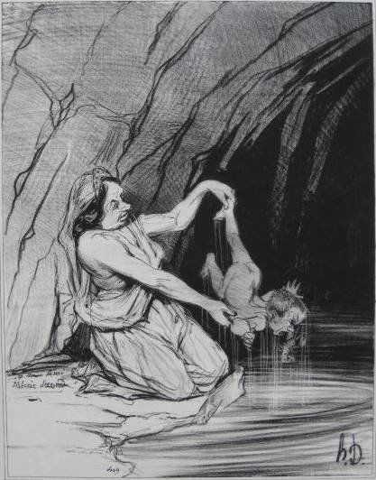 Honore Daumier 4 lithographs: Honore Daumier (French 1808-1879)- ''Enee aux Enfers''; ''Clemence de Minos''; ''La Mort de Sapho''; ''Baptisme of Achilles''- 4 lithographs, from Histoire Ancienne, foxing, masking tape hinges. vario