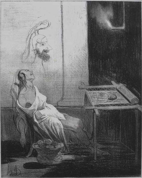 Honore Daumier 3 lithographs: Honore Daumier (French 1808-1879)- ''La Chute a'Icare''; ''Mars et Venus''; ''Les Nuits de Penelope''- 3 lithographs, from Histoire Ancienne, foxing, toning, masking tape. various sizes