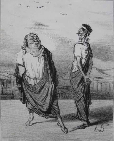 Honore Daumier 3 lithographs: Honore Daumier (French 1808-1879)- ''Les Veille des Thermoplyles''; ''Alexandre et Didgene''; ''Une Rencontre de Joyeux Augures''- 3 lithographs, from Histoire Ancienne, masking tape hinges, some foxi