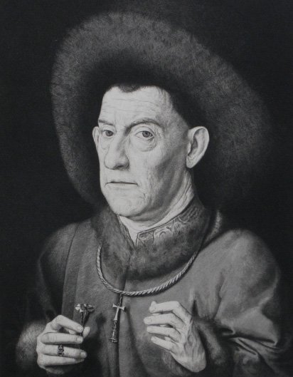 Claude F. Gaillard engraving: Claude Ferdinand Gaillard (French 1834-1887)- ''Man with A Pink''- engraving after Van Eyck, as published in Gazette Des Beaux Arts, 2 masking tape hinges along top edge, otherwise very good condition