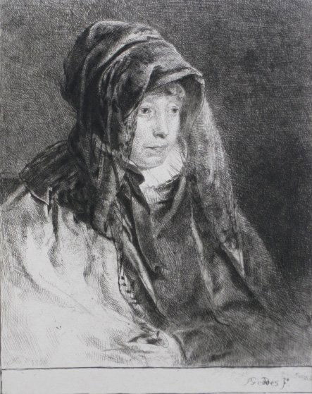 Andrew Geddes etching: Andrew Geddes (English 1783-1844)- The Artist's Mother (Dodgson 7)- etching on chine colle, 1826, proof on India paper, very good condition. 6 ¬ x 4 7/8'' 159 x 124 mm