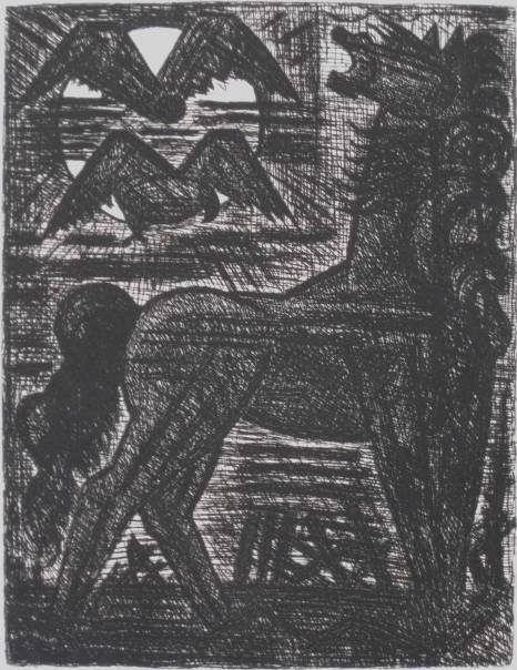 Marcel Gromaire etching: Marcel Gromaire (French 1892-1971)- ''Presages, Cheval Noir et Oiseau La Nuit''- etching, signed and numbered 22/60 in pencil, very good condition. 10 1/8 x 7 7/8'' 257 x 200 mm