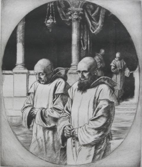 Herbert J. Harvey 5 etchings: Herbert J. Harvey (British 1884-1924)- ''Benedictine Monks''; ''Elsa''; ''A Gentleman of Fortune''; ''Maternity''; ''Old Nun''- 5 etchings, all signed in pencil, 'Monks' numbered 28/100, 'Gentleman' n