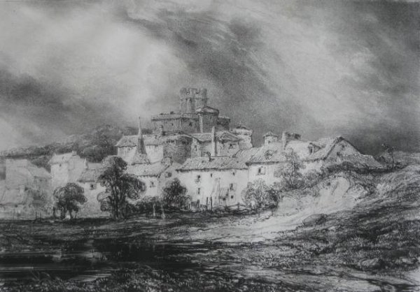 Eugene Isabey 2 lithographs: Eugene Isabey (French 1803-1866)- ''Chateau De Pont-Gibaud'' (Curtis 30); ''Gorge De Royat'' (C. 31)- 2 lithographs, 1830, 'Chateau' has minor foxing and staining throughout, outer edges of paper fold