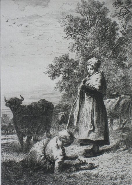 Charles Emile Jacque 3 etchings: Charles Emile Jacque (1813-1894)- ''L'Arrivee au Champ'' (Guiffrey 183); ''Peche Au, Vifs'' (G. 184); ''Le Petit Vacheres'' (G. 196)- 3 etchings, 1864, all slightly light struck, 'Champ' is glued to t