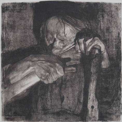 Kathe Kollwitz etching: Kathe Kollwitz (German 1867-1945)- ''Beim Dengeln'' (Klipstein 90 xii/XII)- etching, 1905, stamped signature, very good condition. 11 3/4 x 11 3/4'' 298 x 298 mm