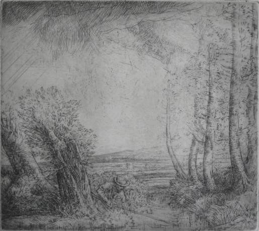 Alphonse Legros 2 prints: Alphonse Legros (French 1837-1911)- ''Paysage Brumes Du Matin'' (Bliss 630); ''Souvenir du Lac D'Trasimene'' (B. 674)- 1 lithograph and 1 etching, 'Souvenir' signed in pencil, and has very minor soili