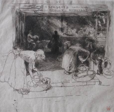 Louis Auguste Lepere etching: Louis Auguste Lepere (French 1849-1918)- ''Marchandes de Poissons, rue Pirouette'' (Lotz-Brissonneau 12 ii/III)- etching, 1892, signed in pencil, artist stamp in red recto (Lugt 141), two masking tape