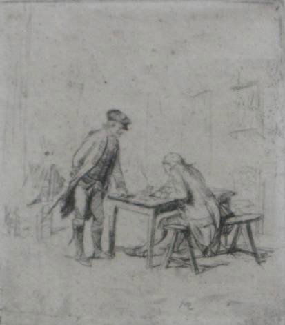 Jean L. E. Meissonier etching: Jean Louis Ernst Meissonier (French 1815-1891)- ''The Sargeant''- etching on laid paper, some mat burn, edges age toned, soiling throughout, two masking tapes. 2 3/8 x 2 1/8'' 60 x 54 mm