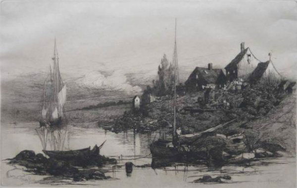Stephen Parrish etching: Stephen Parrish (American 1846-1938)- ''Fisherman's House, Cape Ann'' (Schneider 49)- etching, 1881, signed in pencil, light struck, mat burn, old paper tape hinges around edges. 12 x 19'' 305 x 483 m