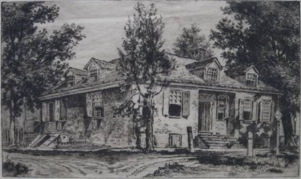 Joseph Pennell etching: Joseph Pennell (American 1857-1926)- ''Fairhill Mansion'' (Wuerth 12)- etching, 1880, signed and dated in pencil, published in Vol. V. J. P. H. S., very good condition. 4 ¬ x 7 ¬'' 108 x 184 mm