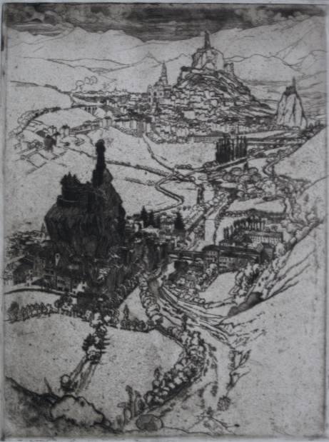 Joseph Pennell etching: Joseph Pennell (American 1857-1926)- ''Le Puy'' (Wuerth 208)- etching, 1894, signed in pencil, edition of 30 proofs, minor soiling throughout. 15 3/4 x 12'' 400 x 305 mm