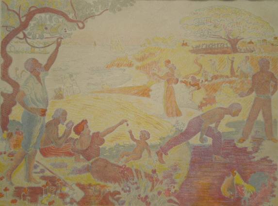 Paul Signac lithograph: Paul Signac (French 1863-1935)- ''Au Temps d'Harmonie'' (Kornfeld & Wick 14)- lithograph in colors, 1895-96, paper slightly age toned. 14 3/4 x 19 3/4'' 376 x 502 mm