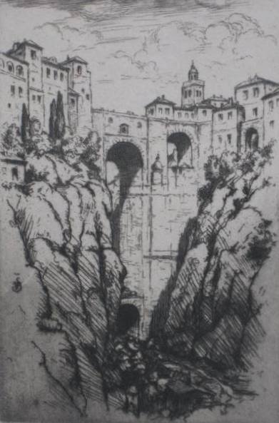 Tavik F. Simon etching: Tavik F. Simon (Czechoslovakian 1877-1942)- ''Roman Bridge Ronda Spain''- etching, very good condition. 5 3/4 x 3 7/8'' 146 x 98 mm